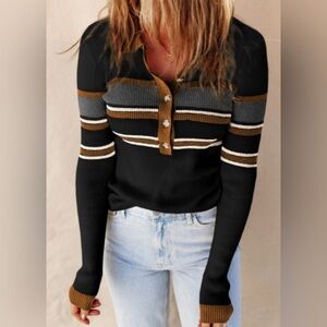 NEW Black Ribbed Long Sleeve Henley Style Sweater with Brown and Gray Stripes